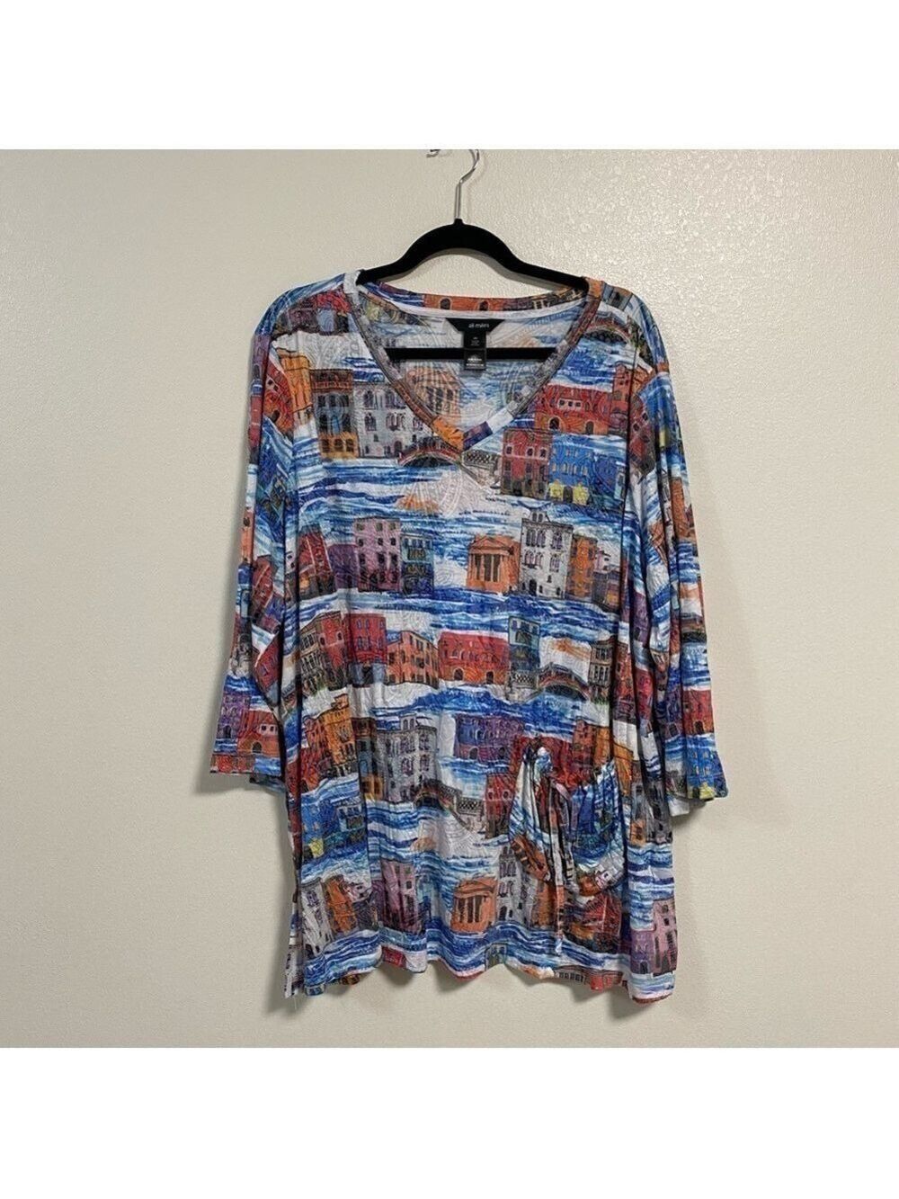 Ali Miles Shirt Women’s Size 2X Cityscape Print Burnout V Neck Top